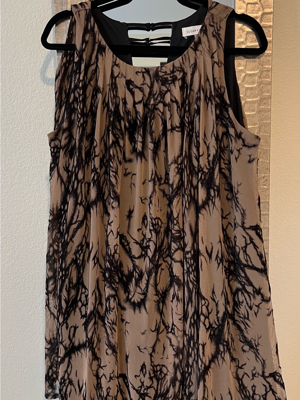 Sugar Sleeveless Tan Dress with Black Abstract Print